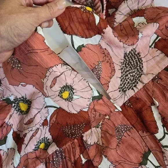 Ann Taylor Loft Coral Large Floral Poppy Square Neck Puff Sleeve Dress 4 - Picture 14 of 15